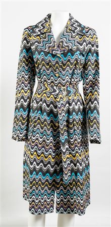 MISSONI Trench in seta a fantasia Zig Zag sui toni del nero, bianco, azzurro,...