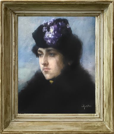 Alexandre Jacques  Chantron (Nantes 1842-Nantes 1918)  - Ritratto di donna con cappello floreale, nineteen century