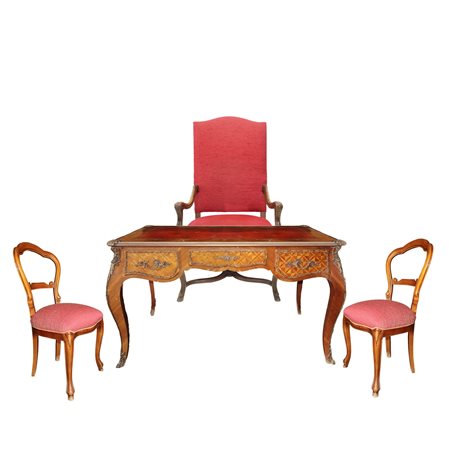 Studio composto da scrittoio Bureau Plat in legno bois de rose con poltrona e due sedie, Napoleon III, France, late 19 century