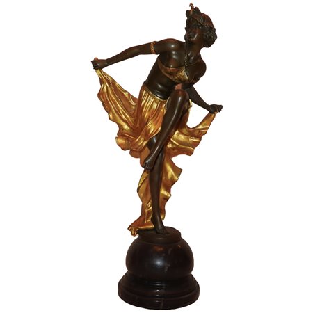 Affortunato Gori (Firenze 1886-Parigi 1925)  - Ballerina, serie exotic dancer, scultura in bronzo patinato nero e abito in oro, base con sfera in marmo, 20 century