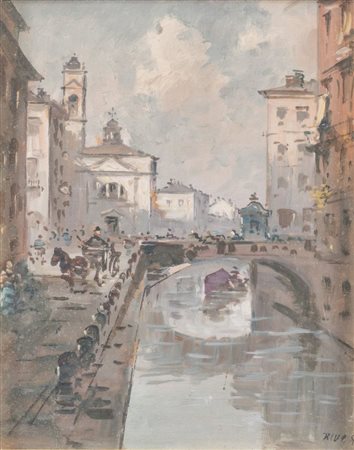 GIOVANNI RIVA (Torino 1890 - 1973) "Naviglio". Olio su tavola. Cm 29,5x24,2....