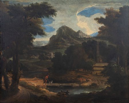 Maestro del XVIII secolo. “Paesaggio con figure”. Olio su tela. Cm 101x126,5.
