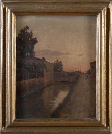 LUIGI BERTELLI (San Lazzaro di Savena 1833 - Bologna 1916) "Il Ponte degli Stecchi". Olio su tavola. Cm 44,5x35,5. Opera firmata in basso a destra L Bertelli.