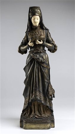 Scultura francese in bronzo raffigurante una dama in abiti nobiliari   - firmat