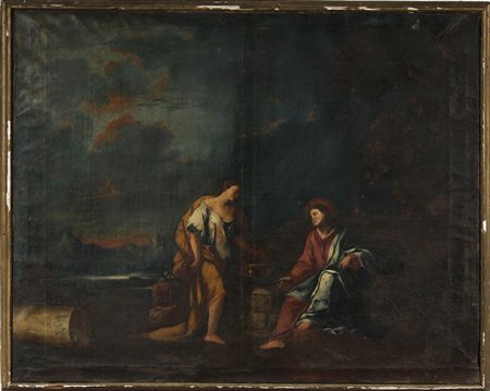 ARTISTA DEL XVII SECOLO La samaritana al pozzo. Olio su tela . Cm 107,50 x...