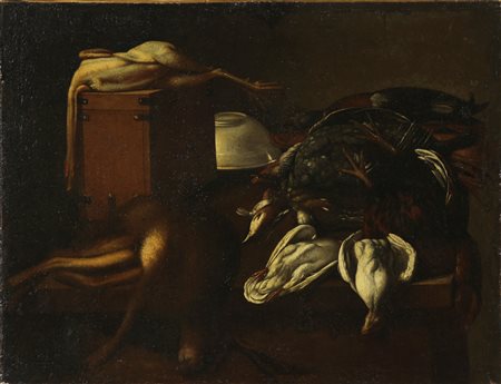 BASCHENIS EVARISTO (1617 - 1677) BOTTEGA DI. Natura morta con lepre, pollo e...