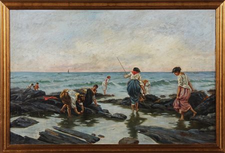 POLAROLI ADOLFO (1862 - 1952) Spiaggia con personaggi. Olio su tela . Cm...