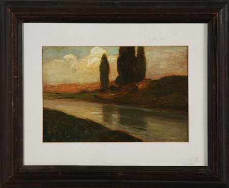 FRAGIACOMO PIETRO (1856 - 1922) Paesaggio con fiume e cipressi. Olio su...