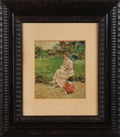 RAGIONE RAFFAELE (1851 - 1919) Donna con bimbo. Olio su tela . Cm 22,00 x...