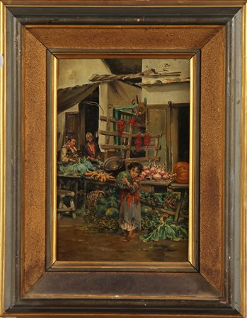 TAFURI RAFFAELE (1857 - 1929) Mercato con personaggi. Olio su tela . Cm 31,50...
