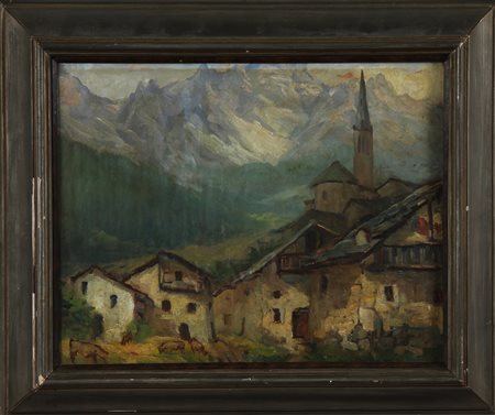 ROSSI LUIGI (1853 - 1923) Paesaggio montano con armenti. Olio su tavola. Cm...