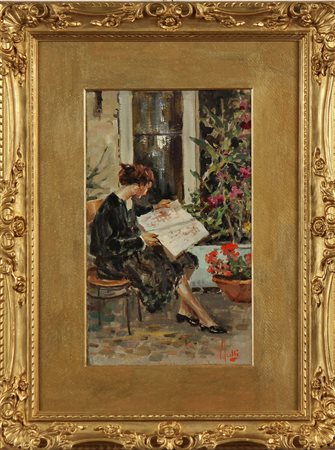 IROLLI VINCENZO (1860 - 1942) Donna che legge. Olio su tela . Cm 23,00 x...