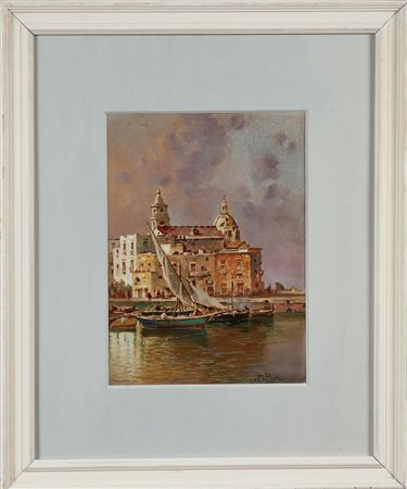 PETRUOLO SALVATORE (1857 - 1946) Marina con barche. Olio su cartone telato....