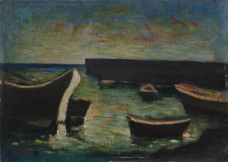 CARRA' CARLO (1881 - 1966) Porto e barche. 1929. Olio su tela cartonata. Cm...
