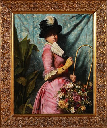 COSTA GIOVANNI (1833 - 1893) Fanciulla con fiori. Olio su tela . Cm 56,00 x...