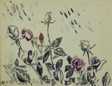 Orfeo Tamburi ROSE, 1958 gouache su carta, cm 24x31,5 firma, data e dedica ad...