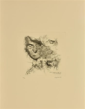 Renzo Vespignani VOLTO MASCHILE CON FIGURE ANIMALI, 1983 acquaforte su carta,...