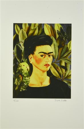 Da Frida Kahlo AUTORITRATTO CON BONITO fotolitografia, cm 56x38; es. 6/150...