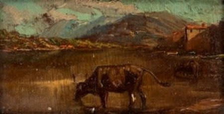 MARIO MENIGHETTI (Novara, 1893 - 1942) 
Bue in campagna 
Olio su tavola, 8 x 15 cm 