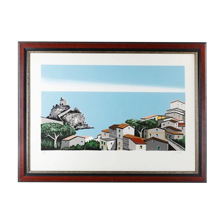 ENOTRIO PUGLIESE (Buenos Aires, 1920 - Pizzo, 1989) 
 Veduta di paese con costa, multiplo su carta 
 40 x 50 cm