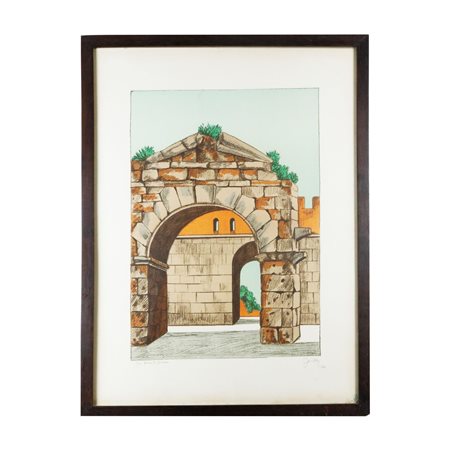 FABIO FAILLA (Lucca, 1917 - Roma, 1987) 
L 'arco di Druso, litografia a colori 
 50 x 65 cm