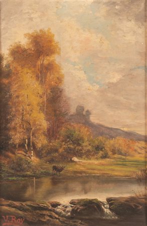Pittore del Nord Europa del XIX secolo ( - ) 
Paesaggio con cervo firmato U. Roy.  
Olio su tela cm 48x33;  con cornice cm 56x42