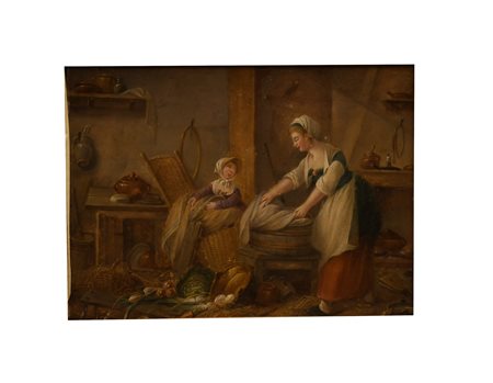 Pittore olandese degli inizi del XIX secolo ( - ) 
Scena d'interno 
olio su tavola cm 30x22