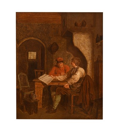 Pittore fiammingo del XIX secolo ( - ) 
Scena di interno 
olio su tavola cm 44x37