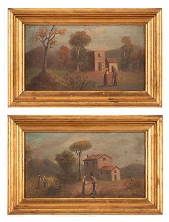 Anonimo del XX secolo ( - ) 
Coppia di piccoli paesaggi di campagna 
olio su tela cm 16x30; con cornice cm 24x36