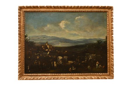Il Bolognese Giovanni Francesco Grimaldi (attribuito a) (Bologna, 1606 - Roma, 1680) 
Scena di accampamento in paesaggio 
olio su tela cm 84x113; con cornice cm 103x130