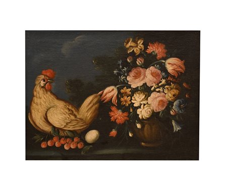 Scuola Emiliana XVIII secolo ( - ) 
Coppia di nature morte con animali e fiori 
olio su tela cm 50x66