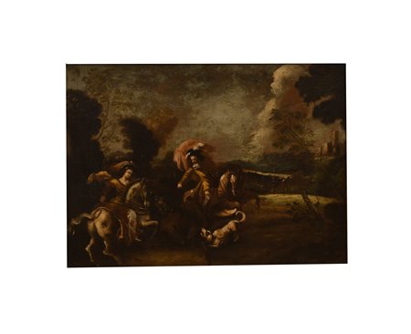 Pittore fiammingo XVII secolo ( - ) 
Scena di caccia 
olio su tavola cm 80x58