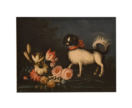 Scuola Emiliana XVIII secolo ( - ) 
Quattro nature morte con animali e fiori 
olio su tela cm 50x66