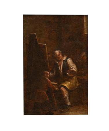 Giuseppe Maria  Crespi (attribuito a) (Bologna , 1665 - Bologna, 1747) 
Atelier del pittore 
olio su tela cm 36x24