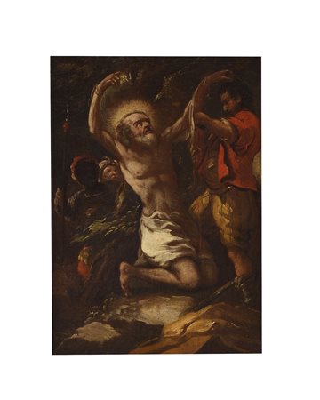 Pittore marchigiano della metà del XVII secolo ( - ) 
Bozzetto raffigurante Martirio di San Bartolomeo 
olio su tela cm 325x23,5; con cornice dorata coeva cm 50x41