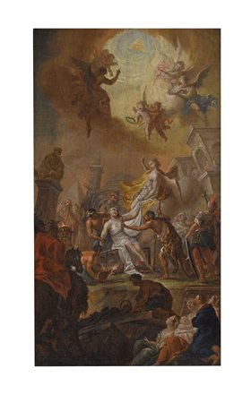 Scuola Romana XVIII secolo ( - ) 
Bozzetto raffigurante il martirio di Sara d'Antiochia 
olio su tela cm 48x27