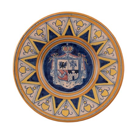  
Piattino in maiolica gialla e blu con stemma araldico 
 Ø cm 17,5