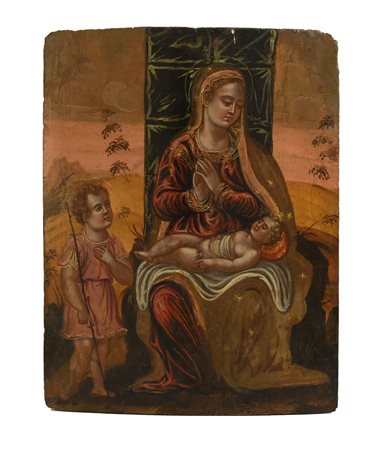  
Tavola lignea rappresentante Madonna con Bambino e San Giovannino 
olio su tavola cm 51x5x39,3