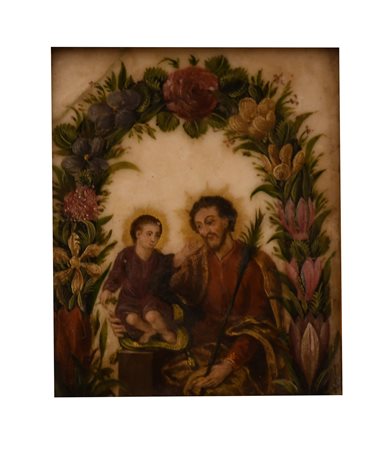 Scuola italiana del XVIII secolo ( - ) 
San Giuseppe con il Bambin Gesù inseriti in un arco di foglie e fiori XVII secolo
olio su marmo dipinto cm 13x16