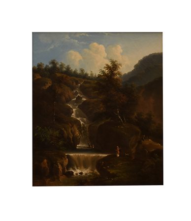 Pittore del centro Italia del XIX secolo ( - ) 
Paesaggio montano con cascata e figure di viandanti 
olio su tela cm 65x54