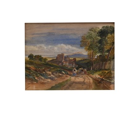  
Paesaggio agreste (Ciociaria?) con figure di viandanti 
acquerello su tela cm 49x38