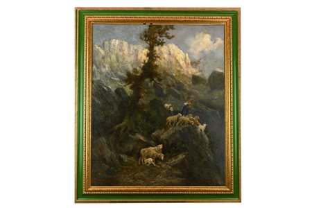 Antonino Leto (attribuito a) (Monreale, Capri - 1913, ) 
Pastora e gregge sul precipizio del monte Solaro. 
olio su tela cm 122x100; con cornice cm 145,5x122