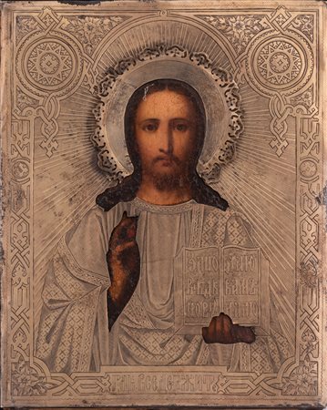  
Icona russa raffigurante Cristo Pantocratore con riza vermeille  ì XIX secolo
 cm 22x17,5