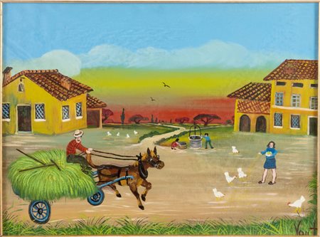 Vandino Daolio (1920 - 2005), “Scena di campagna”. Olio su tela, firmato in basso a destra, H