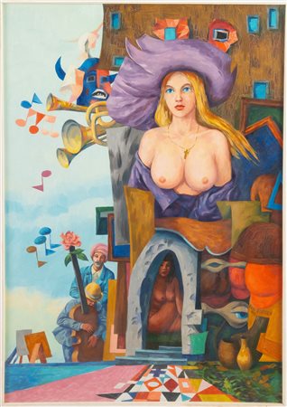 Rudi Gorog  (XX secolo), “L’attesa”, 1970. Olio su masonite, firmato e datato in basso a