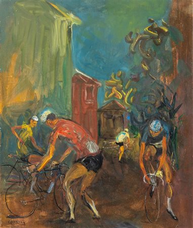 Nino Corrado Corazza (Bologna 1897 - 1975), “Ciclisti”. Olio su tela, firmato in basso a