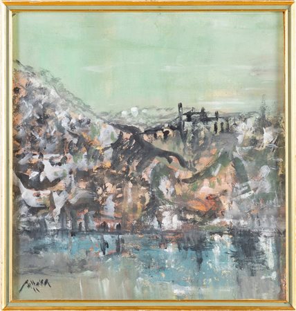 Artista del XX secolo, “Riva del lago”.  Tempera su tela, firmato in basso a sinistra