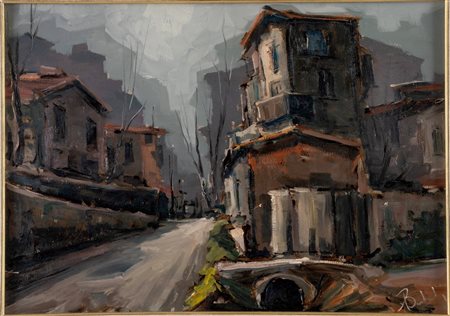 Aurelio Barbalonga (Palermo 1922 - Bologna 2004), “Inverno in periferia”. Olio su masonite,