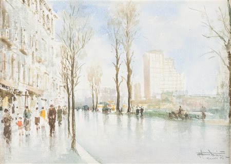 Aurelio Catti (Palermo 1895 - 1966), “Milano”, 1953. Acquerello su cartone, firmato, titolato e