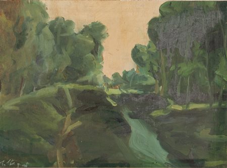 Camillo Stagni (Borgo Panigale 1888 - Bologna 1972), “Paesaggio”. Olio su compensato, firmato